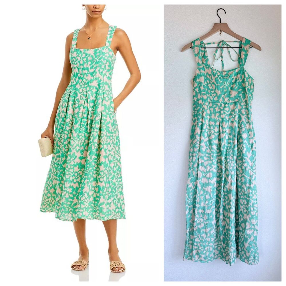 NEW Banjanan Ophelia 100% Linen Pleated Midi Dress in Calcite Green & Pink Sz S